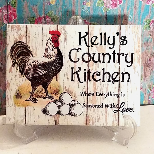 Personalized Farmhouse Rooster Country Kitchen Ceramic Tile Sign, Plaque, Farmhouse Kitchen Decor, Housewarming or Wedding Gift