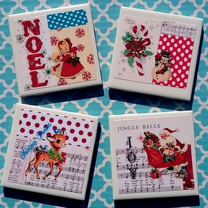 Retro Christmas Coasters, Vintage Kitsch Christmas Coaster Set with Vintage Holiday Card Images, Retro Holiday Gift, Christmas Decor