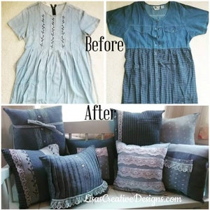 May include: Before and after image showing the transformation of two denim dresses into a collection of decorative throw pillows. The pillows feature various denim textures, lace trim, and button details, showcasing a creative upcycling project.