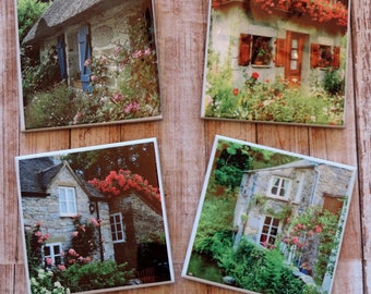 Mooie Cottagecore Engelse Cottage Photo Coaster Set van Cottages en bloemen, aangepaste decoratieve tegels, Cottagecore Decor