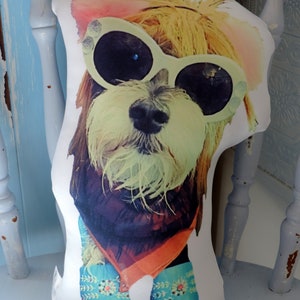 Pu&ograve; includere: Un cuscino bianco con un cane marrone e bianco che indossa occhiali da sole oversize e scarpe blu e arancioni.