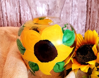 Jarrón de cristal pintado a mano con diseño de girasoles rústicos, centro de mesa de estilo campestre.