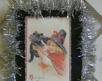 Vintage Inspired Witch and Kitten Halloween Postcard Plaque