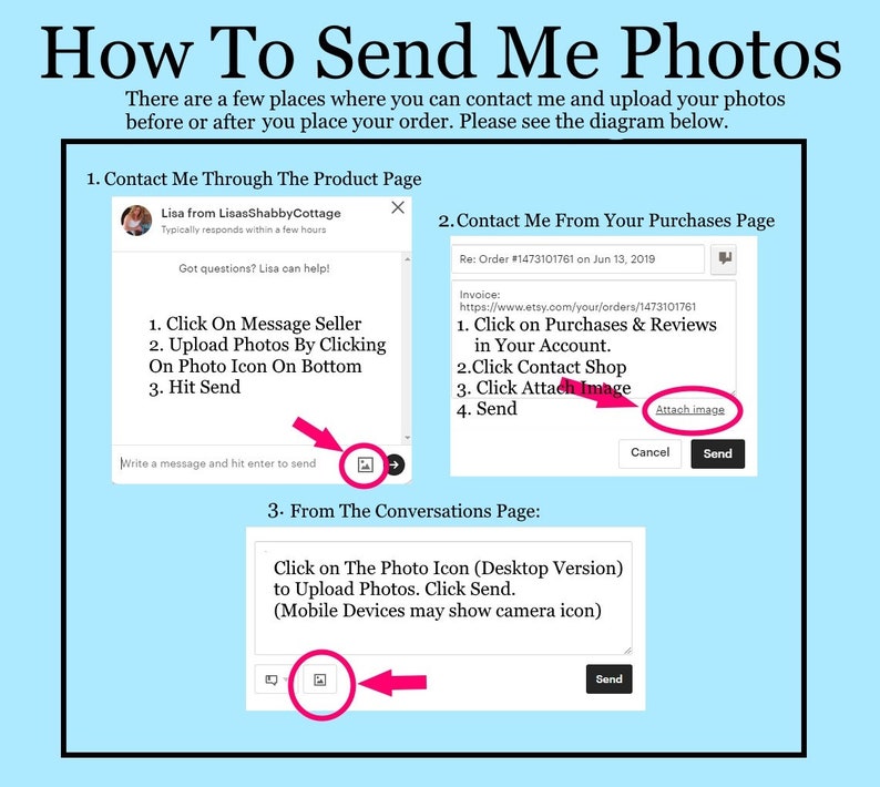 Pu&ograve; includere: Diagramma che mostra tre modi per inviare foto a un venditore su Etsy. Il primo metodo &egrave; tramite la pagina del prodotto, il secondo tramite la pagina degli acquisti e il terzo tramite la pagina delle conversazioni. Ogni metodo include un'icona della foto per caricare le foto.