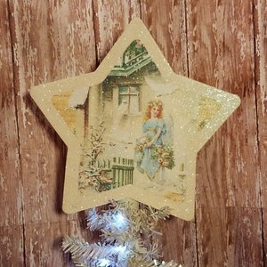 Handmade Victorian Christmas Tree Star Topper With Blue Angel and Snowy Cottage Scene, Antique Style Shabby Chic Christmas Tree Décor