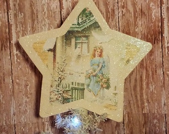Topper d’étoile d’arbre de Noël victorien fait à la main avec scène d’ange bleu et de chalet enneigé, décor d’arbre de Noël Shabby Chic de style antique