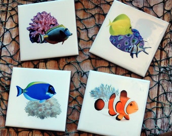 Coastal Chic Saltwater Fish Coasters, Coaster Set with Tropical Saltwater Fish and Corals, Beachcore Decor, Personalized Housewarming Gift,