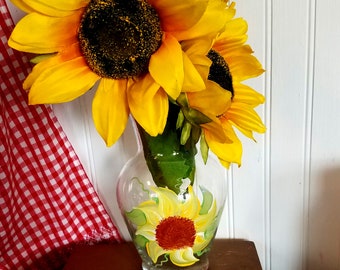 Hand geschilderde zonnebloem glazen vaas, bloemenvaas, zomer decor, decor van het land, bruiloft tabel middelpunt, housewarming cadeau