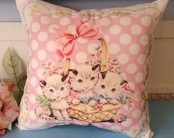 Vintage Kittens In A Basket Retro Kitsch Throw Pillow, Nursery Decor, Baby Gift