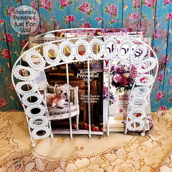 Shabby White Metal Magazine Rack Organizer, Floor Standing, Distressed For Aged Look, Perfect For Organizing Magazines and More