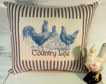 French Country Rooster and Hen Throw Pillow with Blue Ticking Fabric