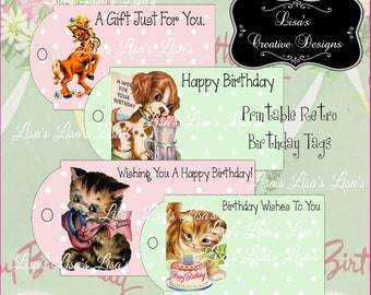 Printable Retro Puppies and Kittens Birthday Gift Tags Digital Download