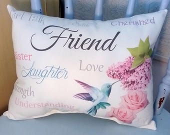 Sentimental Friend Gift Throw Pillow w/ Hummingbird, Roses & Lilacs, Meaningful Birthday or Christmas Gift For a Friend Handmade In The USA