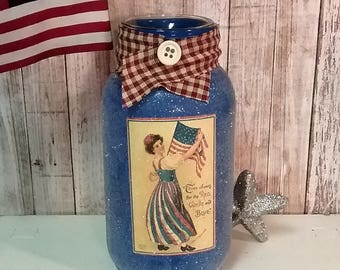 Vintage Style Patriotic Mason Jar Candle Holder, Three Cheers For The Red White and Blue, Fourth Of July Decoration, Americana Country Decor