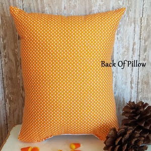 May include: An orange pillow with white polka dots. The pillow has a unique shape with pointed corners. The text "Back Of Pillow" is visible on the pillow. Candy corn and pine cones are in the foreground.
