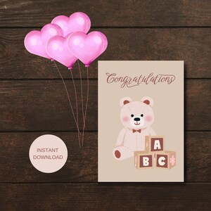 Carte de félicitations pour bébé fille, carte de correspondance numérique imprimable pour bébé ours, carte de fête de naissance pour filles, carte pour parents enceintes, carte de bébé imprimable