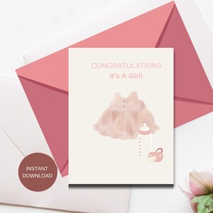 parabéns bebê menina cartão para imprimir-novo bebê menina cartão-vestido rosa empoeirado bebê-cartão de chá de bebê para download-cartão de chá de bebê minimalista-5x7