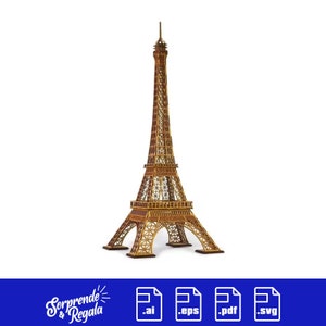 Puede incluir: Un modelo de madera detallado de la Torre Eiffel, un famoso monumento parisino. El modelo está hecho de madera marrón y dorada y es una representación 3D de la estructura icónica.