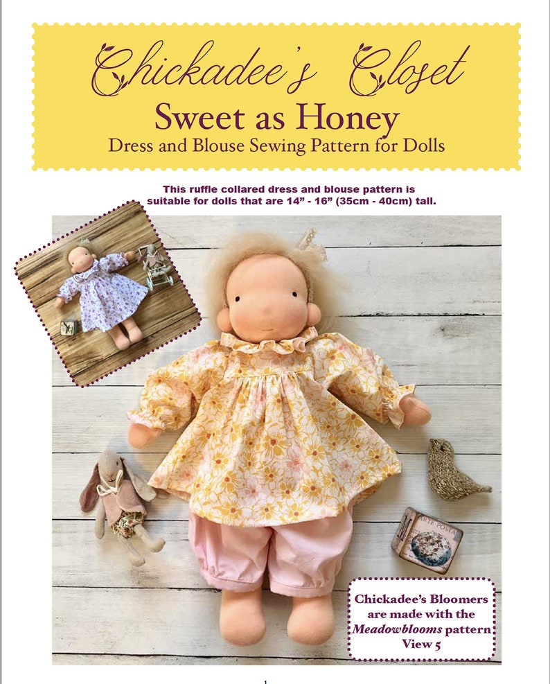 Sweet as Honey a dress and blouse sewing pattern for dolls 14 16 tall 35cm 45cm tall PDF image 1