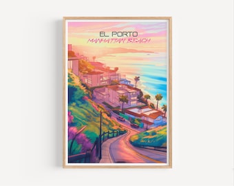 May include: A framed art print featuring a coastal scene with a winding road, houses, and palm trees. The artwork has a vibrant color palette of pink, blue, and green. Text at the top reads "EL PORTO MANHATTAN BEACH".