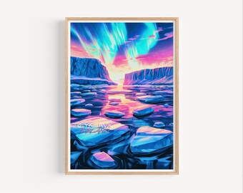 Może przedstawiać: Cyfrowa ilustracja krajobrazu z różowo-niebieskim niebem, ciemnoniebieskim zbiornikiem wodnym i formacjami lodowymi. Tekst "REYKJAVIK ICELAND" znajduje się w lewym dolnym rogu obrazu.