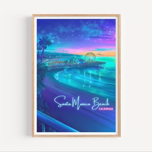 Santa Monica Pier Beach Poster, Travel Poster, Surf Poster, Dopmaine Decor, Maximalist Decor, Gift for Him and Her, Office Decor