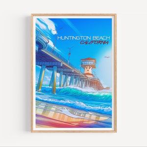 Huntington Beach Surf Poster, CA, Beachy Wall Art, Travel Poster, Vintage Surf Posters, Boho Wall Art, Illustration, Gift for Her and Him