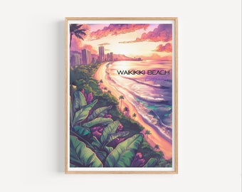 May include: A digital illustration of Waikiki Beach in Honolulu, Hawaii. The image features a panoramic view of the beach with palm trees, turquoise water, and a sunset sky. The text "Waikiki Beach" is written in a purple font with a neon effect.