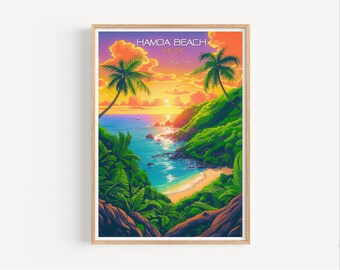 May include: A colorful illustration of a tropical beach scene with palm trees, a sunset, and a small cove. The text "HAMOA BEACH" is at the top of the image.