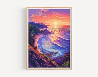 May include: A digital illustration of a sunset over a beach with waves crashing on the shore. The text "PLEASURE POINT SANTA CRUZ" is in the upper right corner of the image.