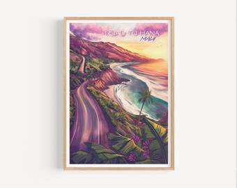 May include: A vintage-style travel poster with a scenic view of a winding road along a cliffside overlooking a beach with turquoise water and a sunset sky. The text "ROAD TO HANA, MAUI" is printed in a retro font.