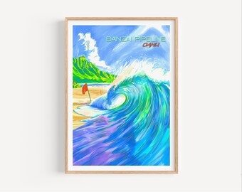 May include: A framed art print featuring a vibrant illustration of a large ocean wave with shades of blue, green, and white. The artwork includes the text "BANZAI PIPELINE OAHU" and a red flag on the beach. The print is in a wooden frame.
