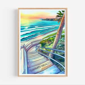 Encinitas Swamis Surf Poster, San Diego, CA, Vintage Travel Poster, North County SD, Coastal Cowgirl Art, Coastal Decor, Line and Wash