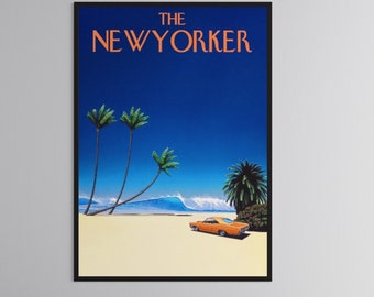 De newyorker cover Hiroshi Nagai retro print magazine, zee vintage poster, groot zonsondergang schilderij, vintage oranje auto artwork