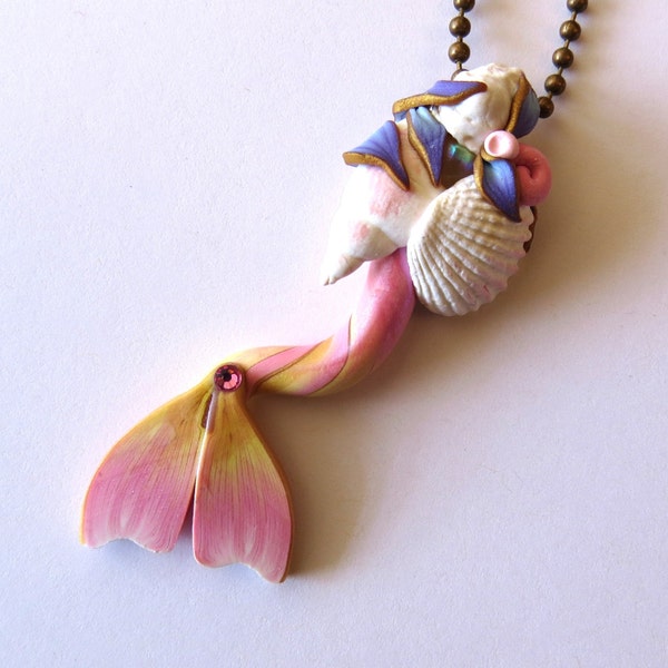 Pink and Pale Yellow Mermaid Tail Necklace, Mermaid Jewelry, Polymer Clay Mermaid Tail