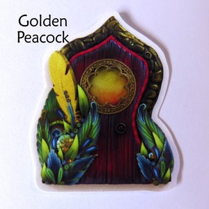 WINDOW CLINGS Fairy Doors, Static Cling Original Artwork Golden Peacock 2"