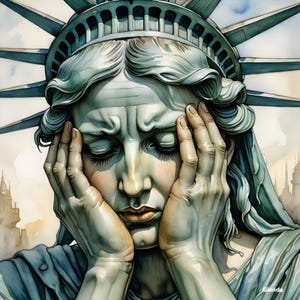 May include: A watercolor painting of the Statue of Liberty with a sorrowful expression. Her eyes are closed and her hands are clasped together in front of her face. The painting is done in a realistic style and captures the emotion of the subject.