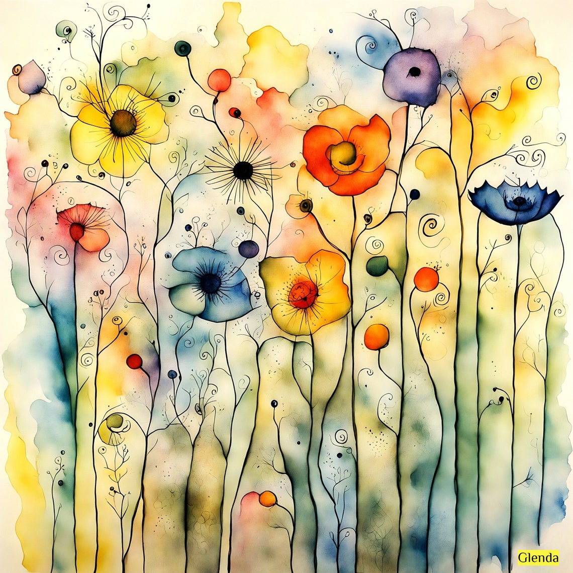 Vibrant Whimsical Watercolor Wildflowers Flowers Blossoms Fantasy Flora