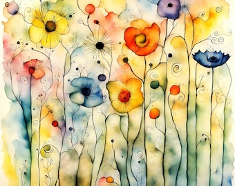 Vibrant Whimsical Watercolor Wildflowers  Flowers Blossoms Fantasy Flora Printable Digital Download