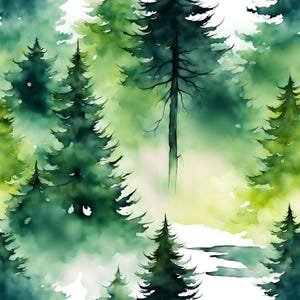 Evergreen Trees Forest Watercolor Landscape Digital Download