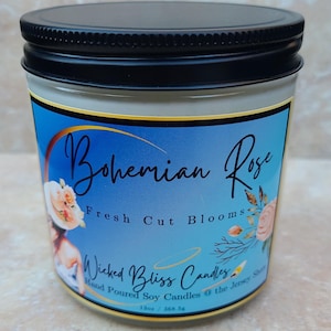 13oz Bohemian Rose scented soy wax candle, candle gift, candle favors, gift for her, fresh cut flower bouquet, floral scented candle