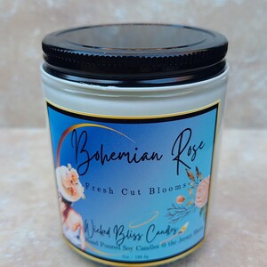 7oz Bohemian Rose scented soy wax candle, candle gift, candle favors, gift for her, fresh cut flower bouquet, floral scented candle