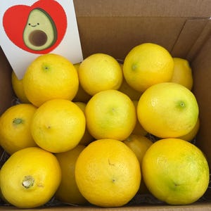 May include: A cardboard box filled with bright yellow lemons. A small card with a red heart and an avocado illustration is placed inside the box. The lemons are fresh and have a vibrant color.