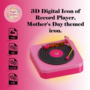 3D Icon of Record Player with Mother's Day theme 3D Digital in format: PNG, Blender, OBJ AND FBX Files.