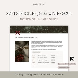 May include: A digital self-care guide titled "Soft Structure for the Winter Soul" with the text "Notion Self-Care Guide." The guide includes a winter theme with a cozy image of a cup and pinecones. It offers seasonal self-care and lifetime access.