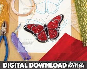 DIGITAL DOWNLOAD PATTERN: Stained Glass Butterfly, Intermediate Glass Pattern, Copper foiled, Printable Pattern, Butterfly Suncatcher, Moth