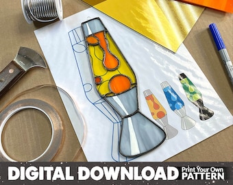 DIGITAL DOWNLOAD PATTERN: Stained Glass Lava Lamp, Copper foil, Advanced, Glass Pattern, Printable Pattern, Lava Lamp Suncatcher, Hippie