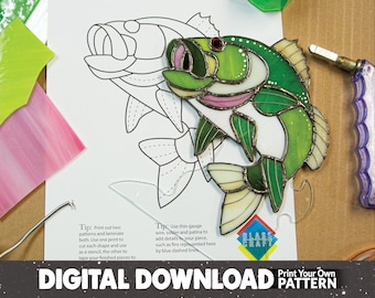 DIGITAL DOWNLOAD PATTERN: Stained Glass Fish, Tiffany Style, Intermediate Glass Pattern, Copper foiled, Printable Pattern, Bass, Fishing