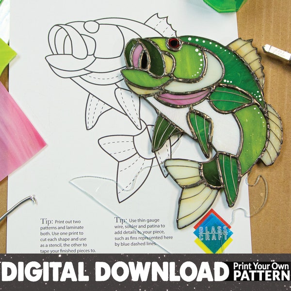 DIGITAL DOWNLOAD PATTERN: Stained Glass Fish, Tiffany Style, Intermediate Glass Pattern, Copper foiled, Printable Pattern, Bass, Fishing