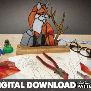 DIGITAL DOWNLOAD PATTERN: Stained Glass Fox, Tiffany Style, Intermediate Glass Pattern, Copper foiled, Printable Pattern, Sitting Fox image 1